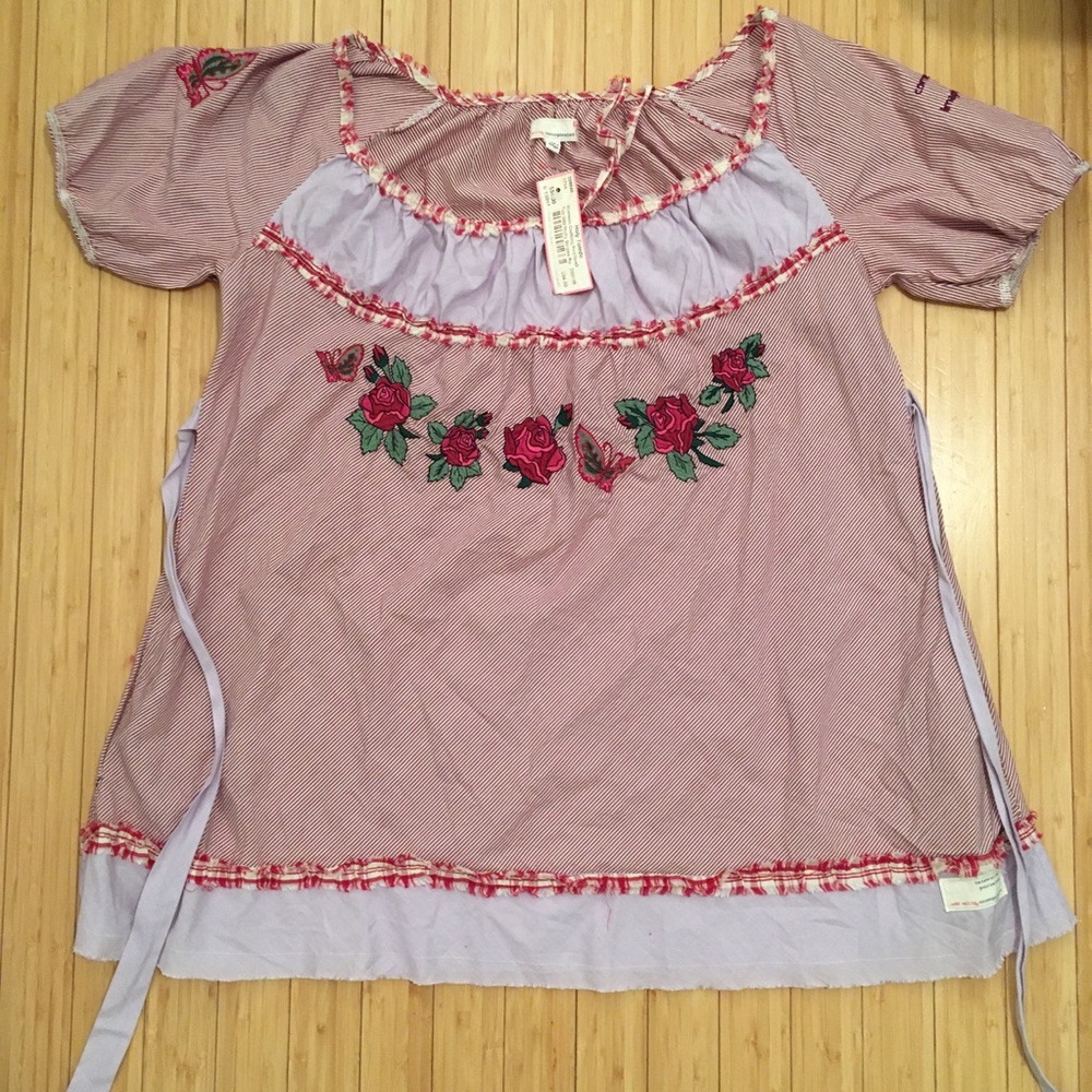 Old molly nwt blouse 3 L pink stripes roses folk